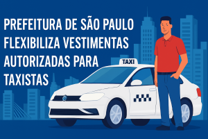 Uma taxista com roupas casuais em pé ao lado do seu taxi branco.