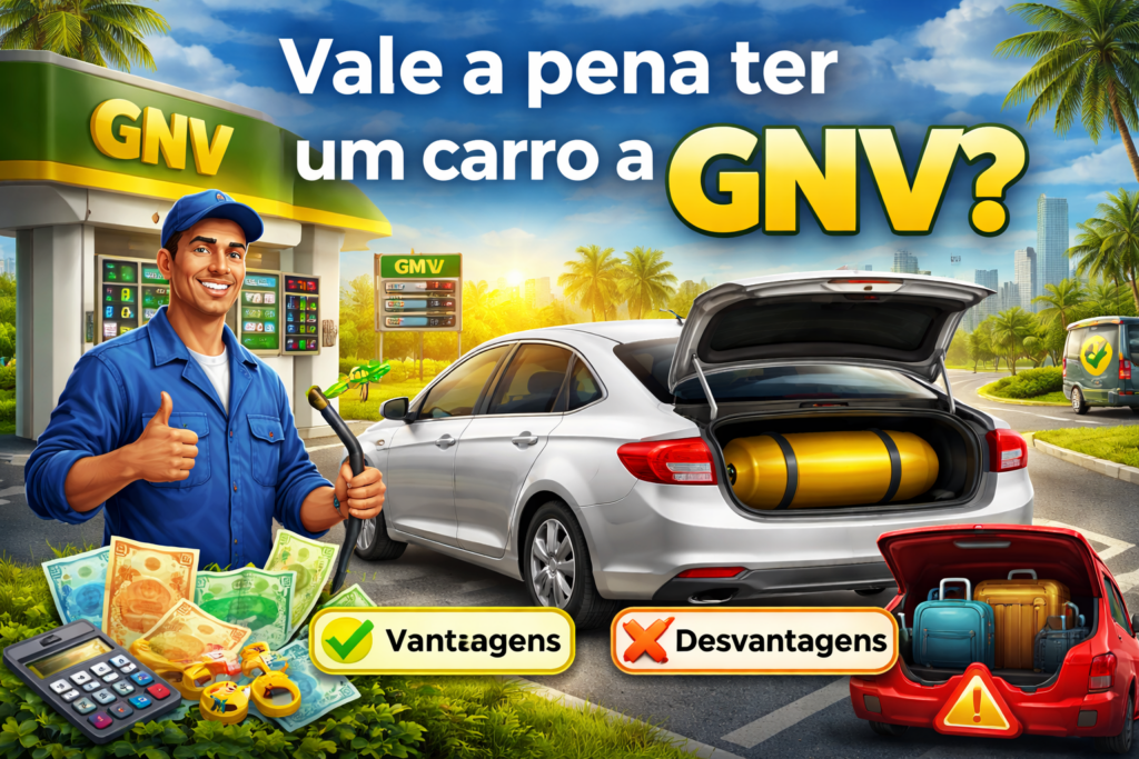 Carro abastecendo com GNV em um posto, com cilindro no porta-malas e destaque para economia e vantagens do combustível