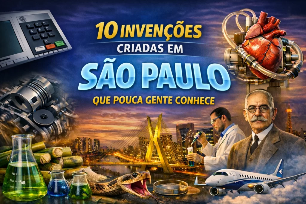 Ilustração com o título ‘10 invenções criadas em São Paulo que pouca gente conhece’, mostrando a Ponte Estaiada na cidade de São Paulo ao fundo e elementos científicos como urna eletrônica, coração artificial, laboratório, cientista, avião, cana-de-açúcar e equipamentos tecnológicos representando inovações desenvolvidas no estado.