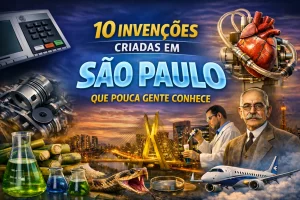 Ilustração com o título ‘10 invenções criadas em São Paulo que pouca gente conhece’, mostrando a Ponte Estaiada na cidade de São Paulo ao fundo e elementos científicos como urna eletrônica, coração artificial, laboratório, cientista, avião, cana-de-açúcar e equipamentos tecnológicos representando inovações desenvolvidas no estado.