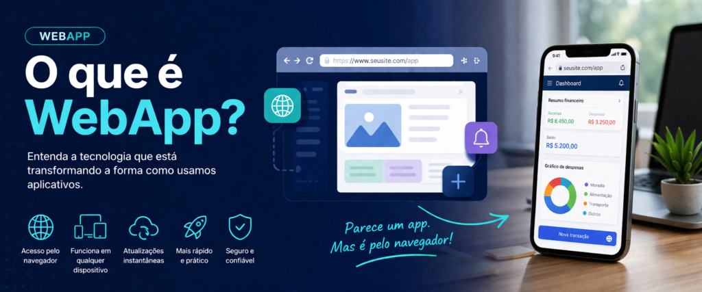 Banner ilustrativo sobre WebApp mostrando interface de aplicativo web em notebook e smartphone, destacando tecnologia, acessibilidade e praticidade.